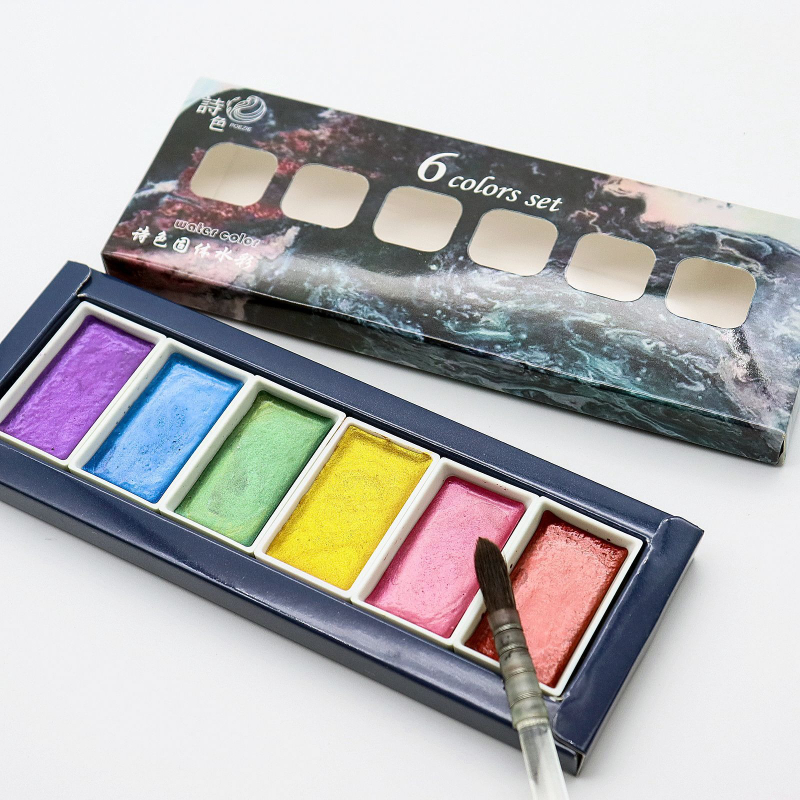 Watercolor Paint Set Solid Pigment - 6 색 수용성 금속 진주 수채화